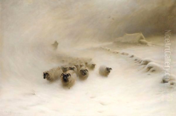 A Flock Of Sheep In A Snowstorm Oil Painting by Joseph Farquharson