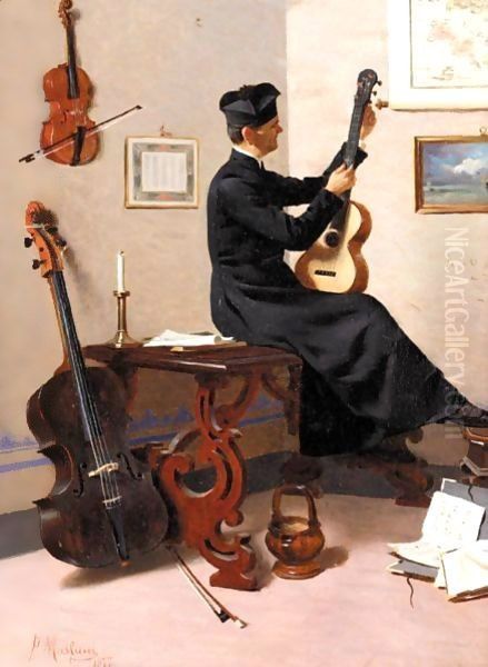 Tuning The Guitar Oil Painting by Pompeo Massani