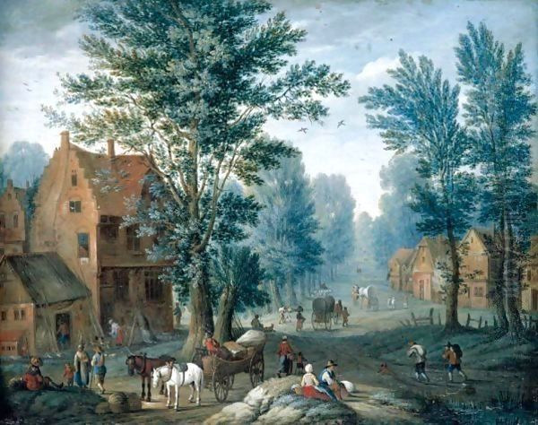 A Village Landscape With Travellers And A Horse And Cart Resting In The Foreground Before A Cottage Oil Painting by Joseph van Bredael