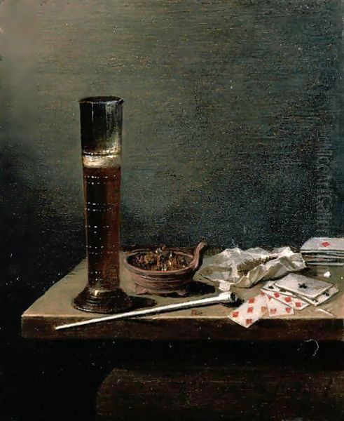 A Still Life With A Glass Of Beer, A Pipe, Tobacco, Playing Cards And A Brazier With Glowing Coals On A Wooden Table. Oil Painting by Jan Jansz. Van De Velde