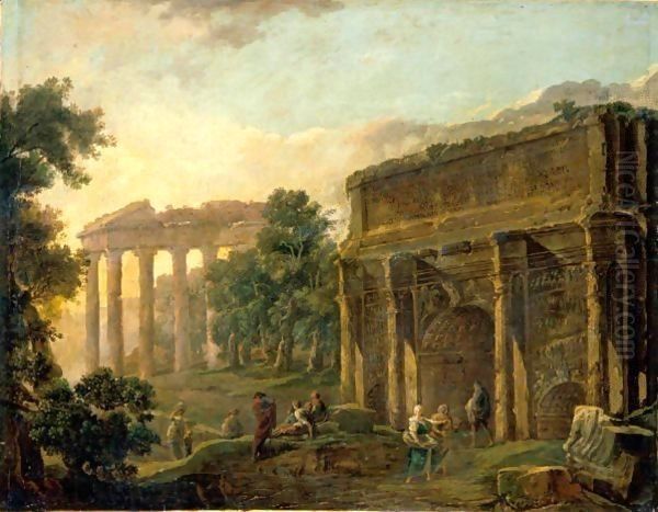 An Architectural Capriccio With Figures Among Roman Ruins Oil Painting by Hubert Robert