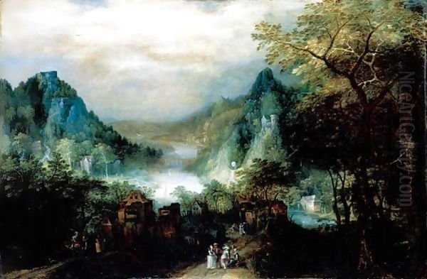 A Mountainous River Landscape With Elegant Figures On The Approaches To A Village Oil Painting by David Vinckboons