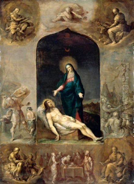 The Pieta Surrounded By The Four Evangelists, And Scenes From The Old Testament Including The Sacrifice Of Isaac And The Brazen Serpent Oil Painting by Frans the younger Francken