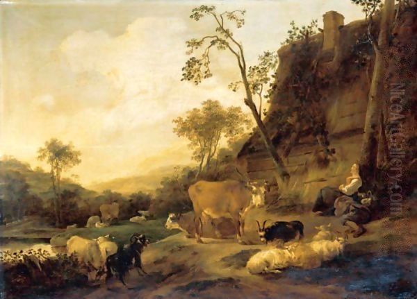 An Italianate Landscape With Figures And Their Animals Beside A Cottage Oil Painting by Nicolaes Berchem