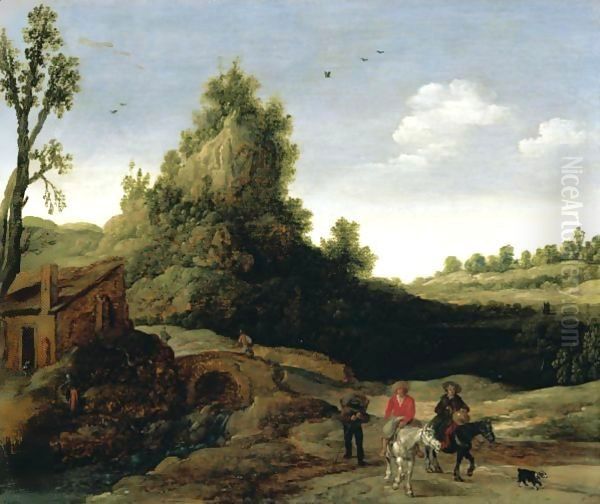 Landscape With Travellers Crossing A Bridge Before A Small Dwelling, Horsemen In The Foreground Oil Painting by Esaias Van De Velde