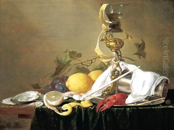 Still Life Of A Wine-Glass On A Parcel-Gilt Stand, An Overturned Silver Beaker And A Lobster On A Pewter Plate, Together With A Clay Pipe, Lemons, Grapes, Shrimps And Oysters, All Arranged Upon A Table-Top Draped With A Green Cloth Oil Painting by Jan Davidsz. De Heem