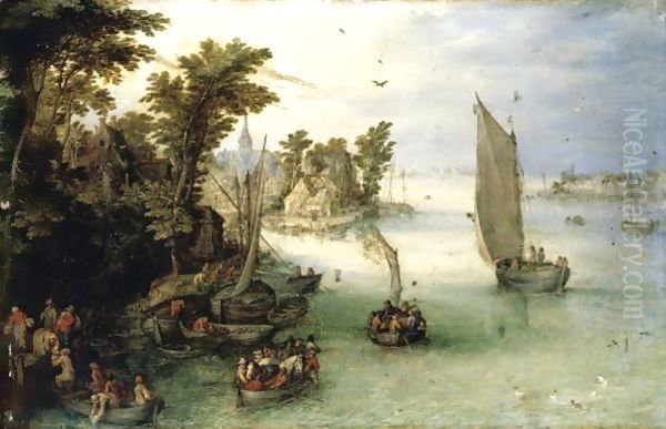 A River Scene With Boats Unloading At A Quay, And A Village Beyond Oil Painting by Jan The Elder Brueghel