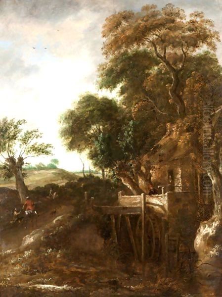 A Wooded River Landscape With A Mill And A Cavalier Giving Alms To A Beggar Oil Painting by Roelof Jansz. Van Vries