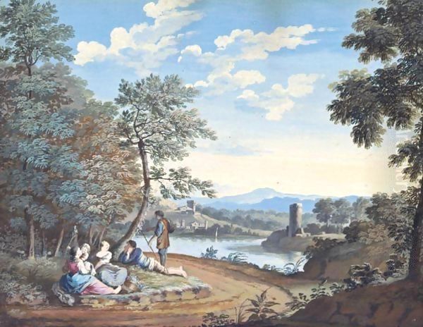 A Landscape With Figures Resting By A River, A Tower To The Right And Buildings In The Background Oil Painting by Giovanni Battista Busiri