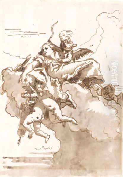 A Female Figure In The Clouds, Surrounded By Putti With A Bow And Quivers Of Arrows Oil Painting by Giovanni Domenico Tiepolo