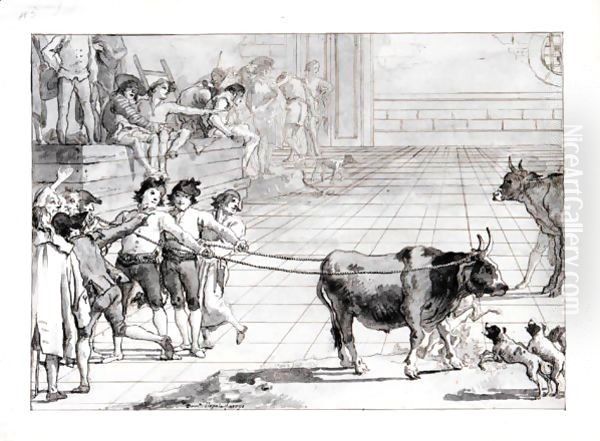 Scene In A Venetian Campo Two Young Men Holding A Bull, Roped By Its Horns, With Dogs And Other Figures Around Them Oil Painting by Giovanni Domenico Tiepolo