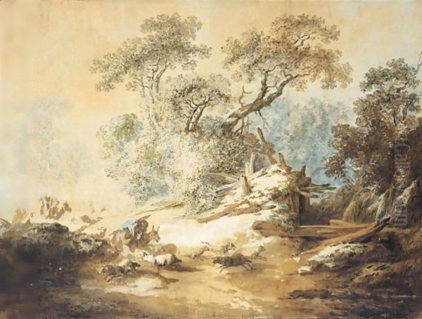 Wooded Autumn Landscape With Shepherds And Their Flock Oil Painting by Jean-Baptiste Huet