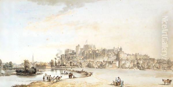 View Of Windsor Castle And Town From The Goswell'S Oil Painting by Paul Sandby