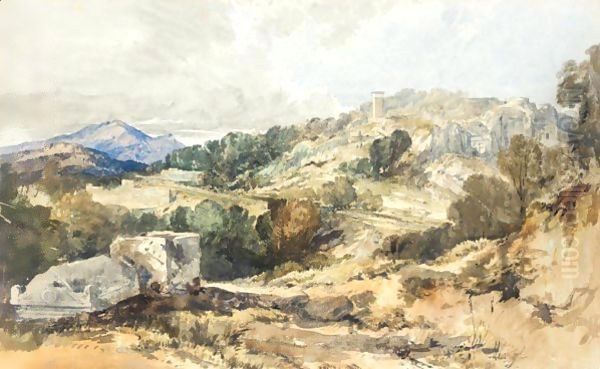 View From The South East Of The Pillar Tomb And The Roman Acropolis At Xanthus, Lycia, With Rock Tombs In The Cliff Face Oil Painting by William James Muller