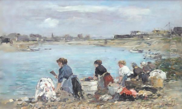 Laveuses Au Bord De La Touques 4 Oil Painting by Eugene Boudin