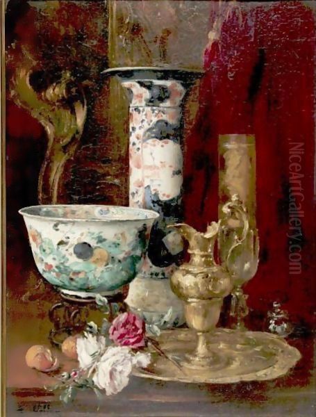 Still Life With Flowers And China Oil Painting by Antoine Vollon