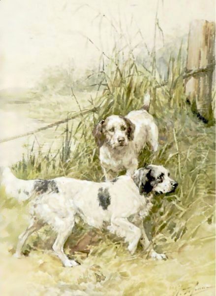 Two Setters By A Marsh Oil Painting by Charles Olivier De Penne