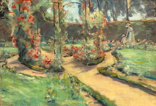 Der Rosengarten In Wannsee Mit Der Tochter Und Der Enkelin Des Kunstlers (The Rose Garden In Wannsee With The Artist's Daughter And Grand-Daughter) Oil Painting by Max Liebermann