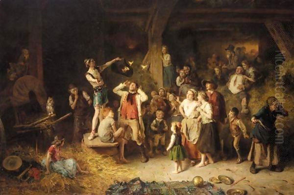 Der Taschenspieler In Der Scheune (The Conjuror In The Barn) Oil Painting by Ludwig Knaus