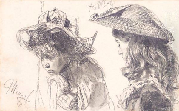 Studienblatt Zwei Madchen (A Study Of Two Girls) Oil Painting by Adolph von Menzel