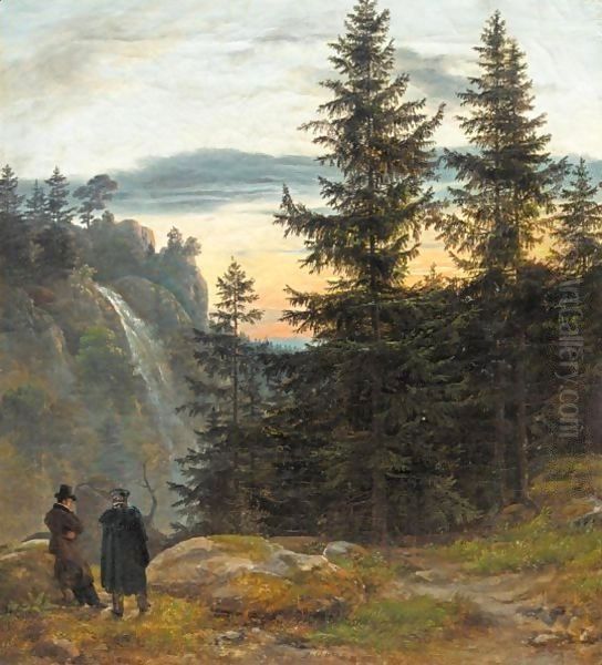 Utsikt Med Foss (View Over A Mountain Gorge With Waterfall) Oil Painting by Johan Christian Clausen Dahl