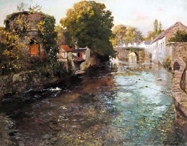 Fra Elven Elle I Quimperle (By The River Elle In The Town Of Quimperle) Oil Painting by Fritz Thaulow