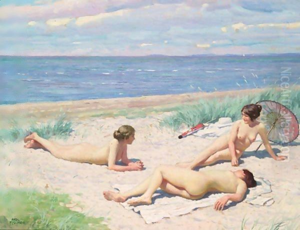 En Sommerdag Pa Stranden (Nude Bathers On A Beach) Oil Painting by Paul-Gustave Fischer