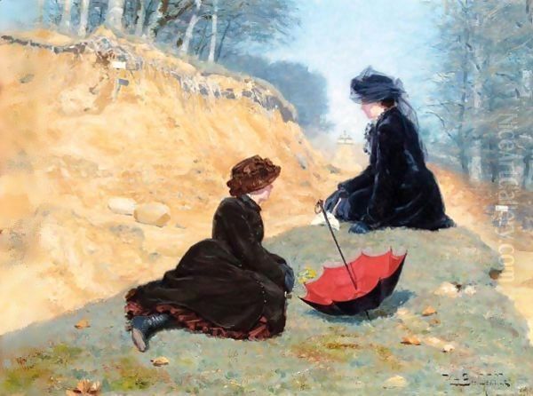 To Piger Der Hviler Ved Vejen (Two Girls Resting On A Path) Oil Painting by Hans Anderson Brendekilde