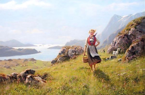 Seterjente (Mountain Shepherdess) Oil Painting by Hans Dahl