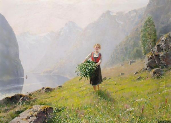 Grensanking Ved Fjorden (Gathering Leaves By A Fjord) Oil Painting by Hans Dahl