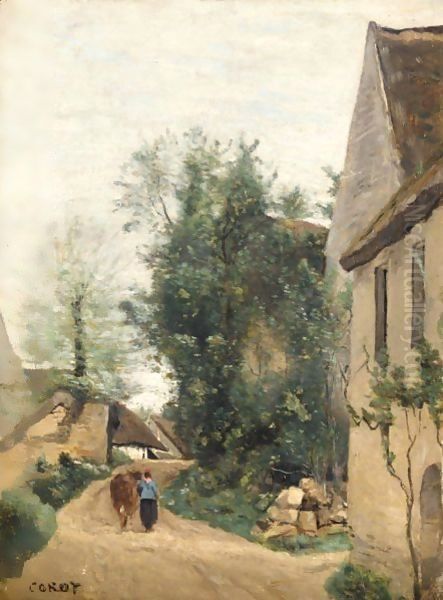 Auvers, Une Rue De Village Avec Une Paysanne Et Sa Vache Oil Painting by Jean-Baptiste-Camille Corot