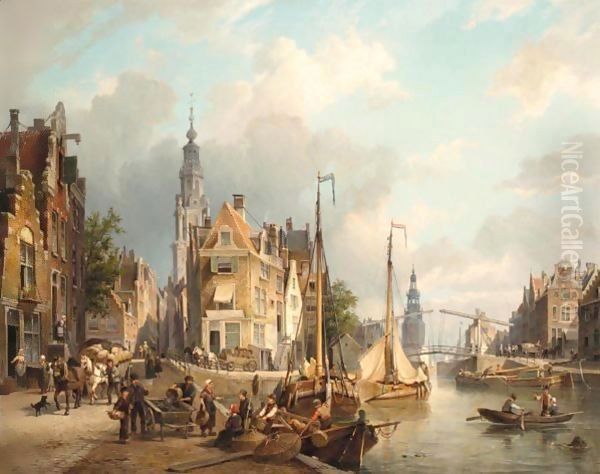 A View Of The Oudeschans With The Zuiderkerk And The Montelbaanstoren In The Distance, Amsterdam Oil Painting by Cornelis Christiaan Dommelshuizen