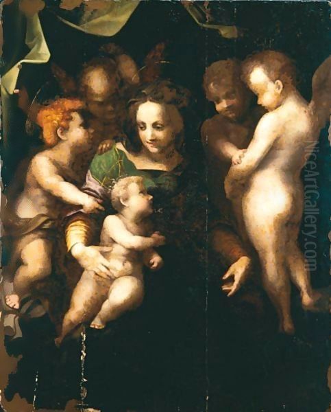 Madonna Col Bambino, San Giovannino E Tre Angeli Oil Painting by Andrea Del Sarto