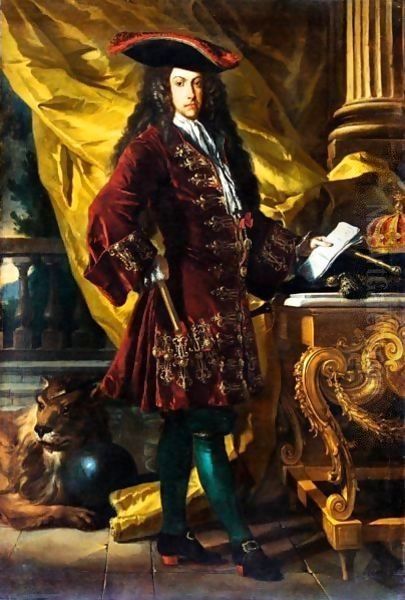 Ritratto Di Carlo III D'Asburgo (1685-1740), Arciduca D'Austria E Re D'Ungheria, Come Re Di Spagna, In Piedi A Figura Intera, In Un Interno Di Palazzo Oil Painting by Francesco Solimena