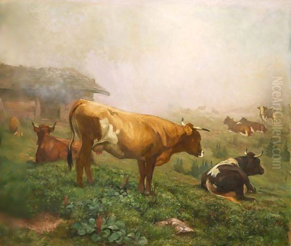 Kuhe Im Nebel, 1885 Oil Painting by Rudolf Koller