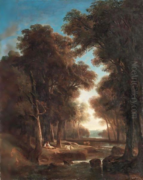 Paysage Avec Arbres, Eau, Bergers Et Vaches, 1842 Oil Painting by Alexandre Calame