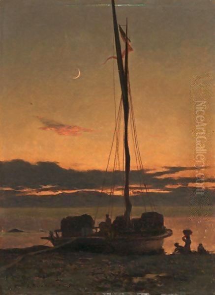 Barque Au Clair De Lune, 1869 Oil Painting by Francois Bocion