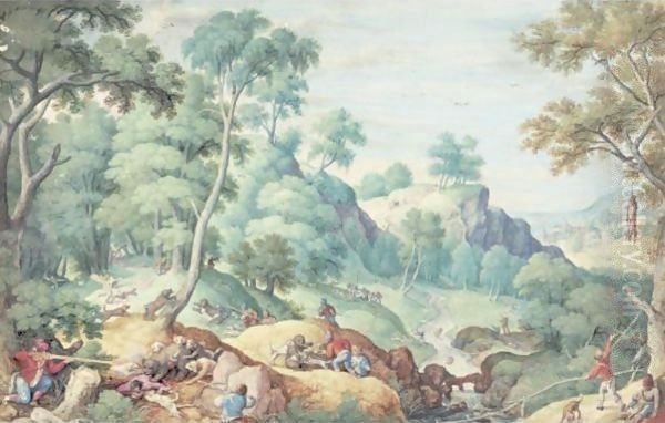 Extensive Landscape With A Bear Hunt Oil Painting by Hans Bol