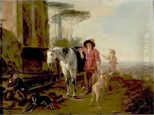 Hunters Resting In A Landscape With A Grey Horse And Hounds Oil Painting by Dirck Willemsz. Stoop