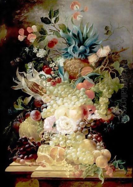 Still Life Of Various Fruits And Flowers On A Ledge Including A Pineapple And An Ear Of Corn Oil Painting by Jan Evert Morel