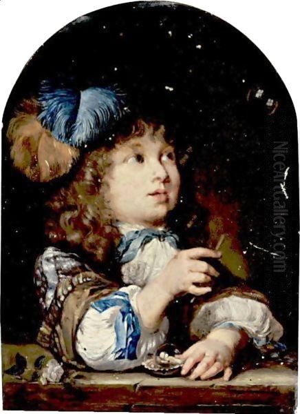 A Boy Making A Soap Bubble (Le Petit Physicien) Oil Painting by Caspar Netscher