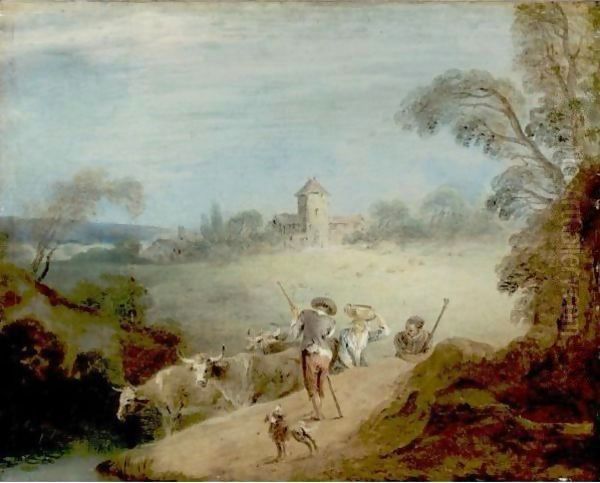 A Pastoral Landscape With A Shepherd And Sheperdess Oil Painting by Jean-Baptiste Joseph Pater