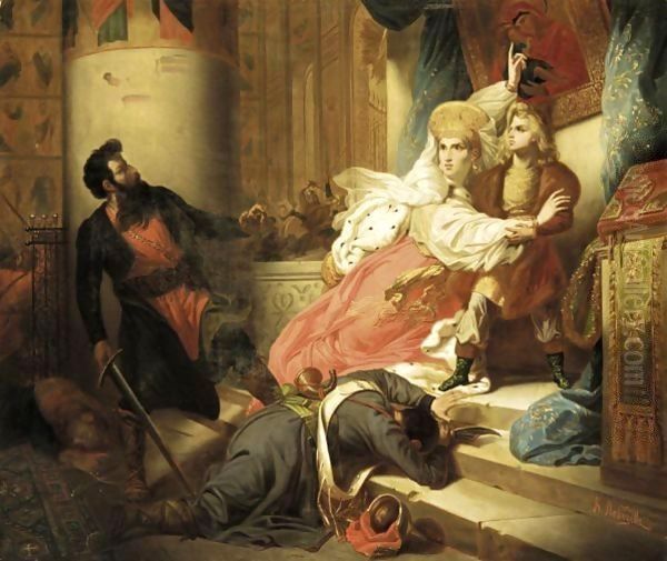 Princess Naryshkina Protecting The Young Peter The Great, A Faithful Copy After The Painting By Karl Shteiben (1788-1856), Which Hangs In The Russian Museum, St. Petersburg Oil Painting by Klavdiy Vasilievich Lebedev