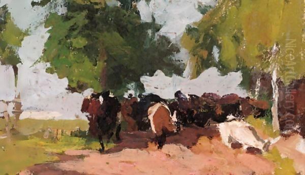 Cattle On A Track Oil Painting by Konstantin Alexeievitch Korovin