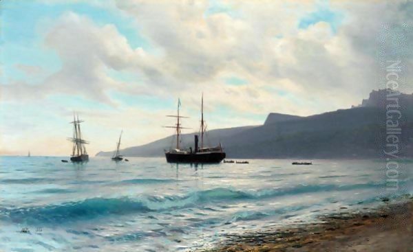 Ships By The Coast Oil Painting by Lef Feliksovich Lagorio