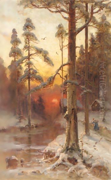 Sunset In The Winter Forest Oil Painting by Iulii Iul'evich (Julius) Klever