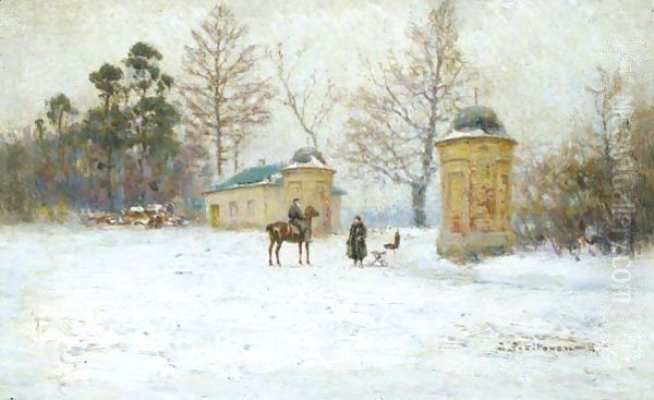 The Artist With Leo Tolstoy At The Entrance To Yasnaya Polyana Oil Painting by Ivan Pavlovich Pokhitonov