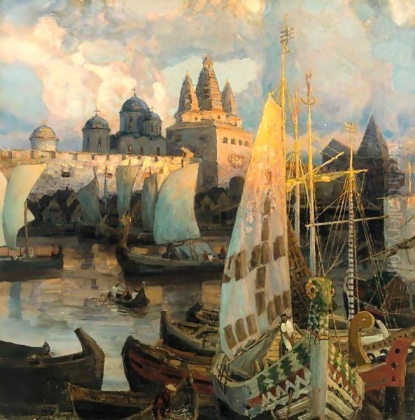 The Harbour At Novgorod Oil Painting by Apollinari Mikhailovich Vasnetsov