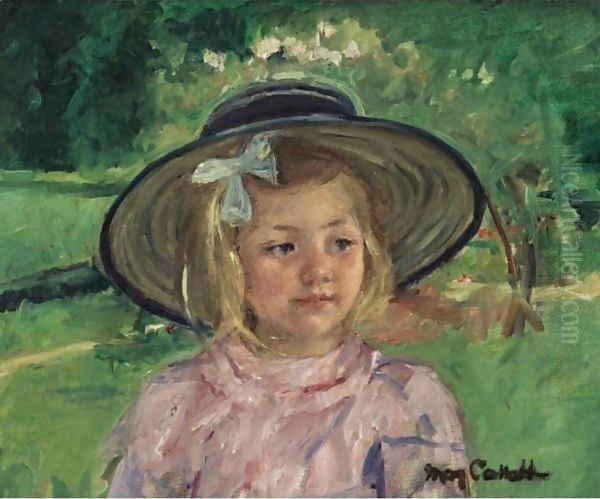 Little Girl In A Stiff, Round Hat, Looking To Right In A Sunny Garden Oil Painting by Mary Cassatt