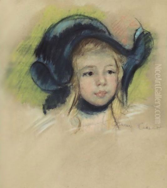 Head Of Simone In A Green Bonnet With Wavy Brim Oil Painting by Mary Cassatt